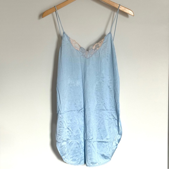 Vintage Other - Vintage 80s Light Baby Blue Satin Lace Nightgown Lingerie Mini Slip Dress